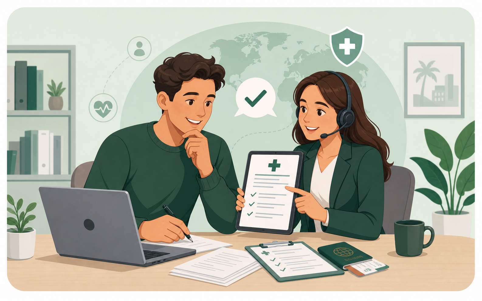 Cartoon illustration of an expat reviewing medical claim documents with a support adviser