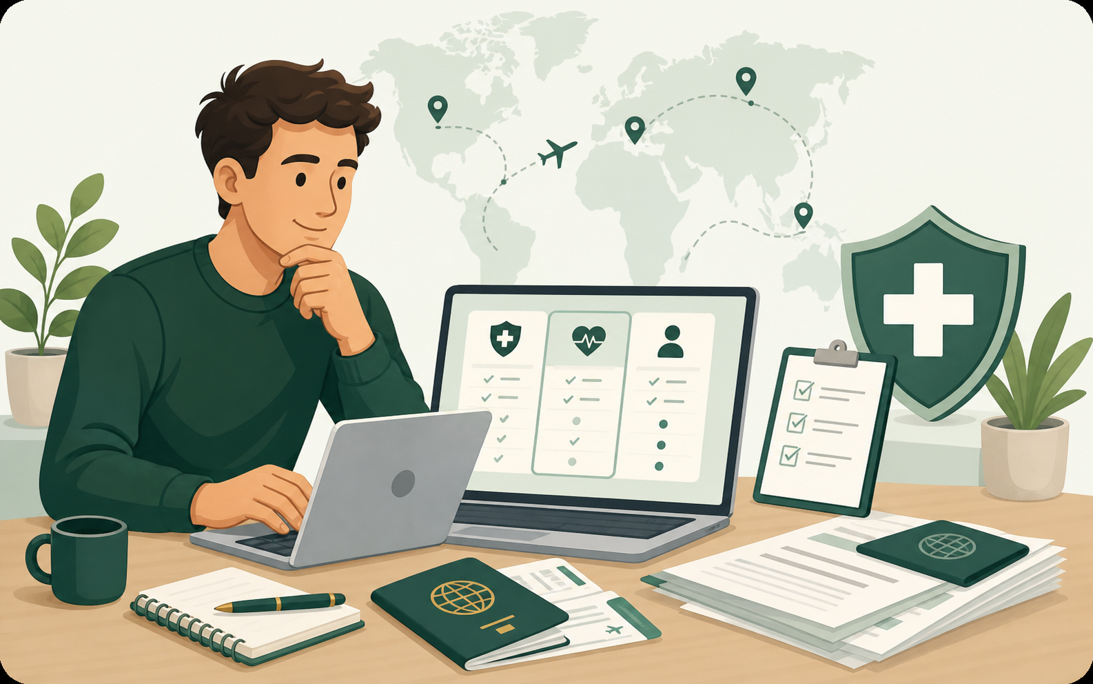 Cartoon illustration of an expat comparing international healthcare cover options