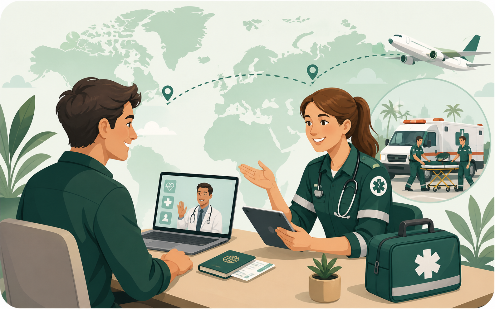 Cartoon illustration of international emergency healthcare assistance for an expat