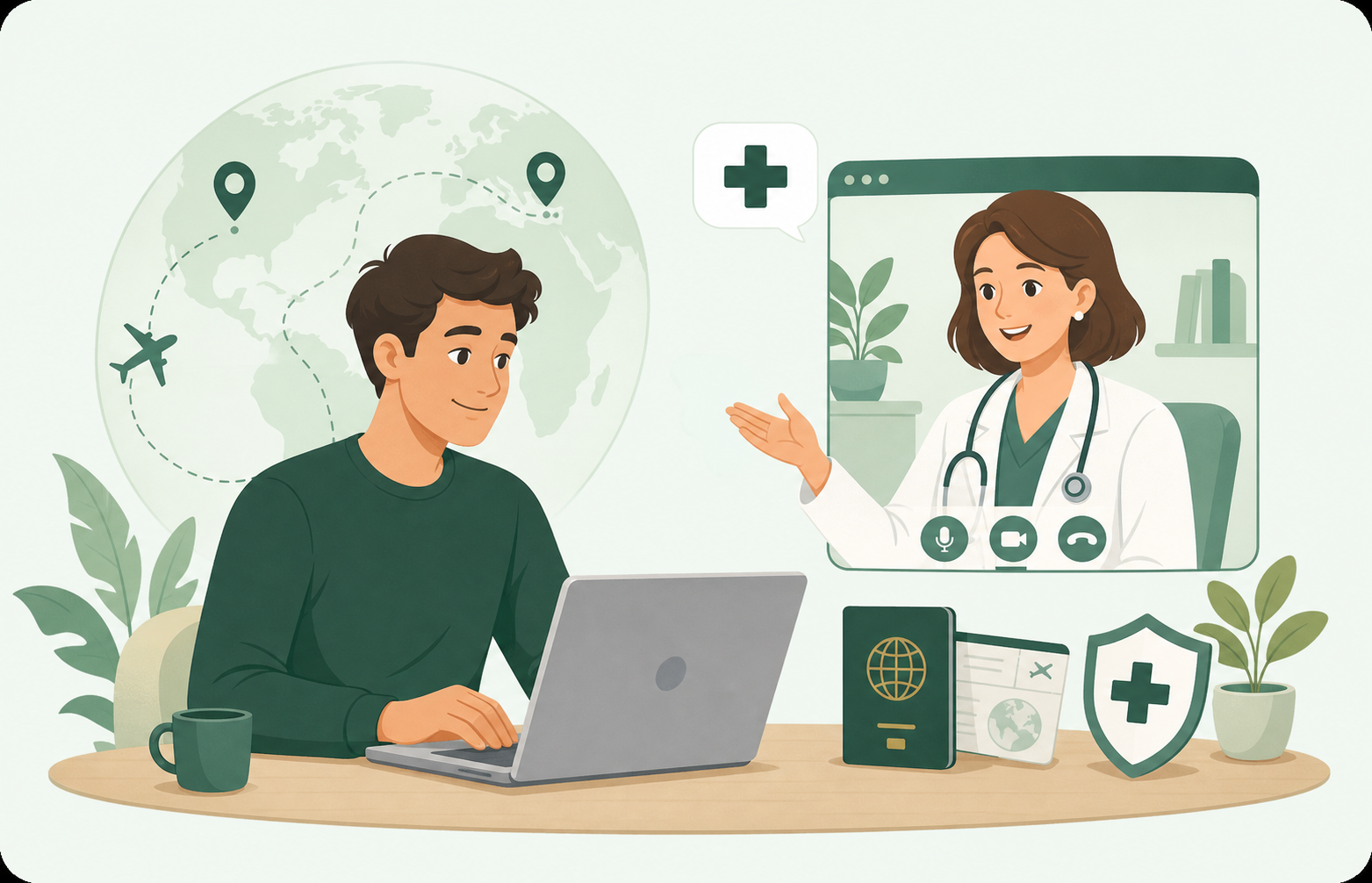 Cartoon illustration of an expat receiving healthcare support online
